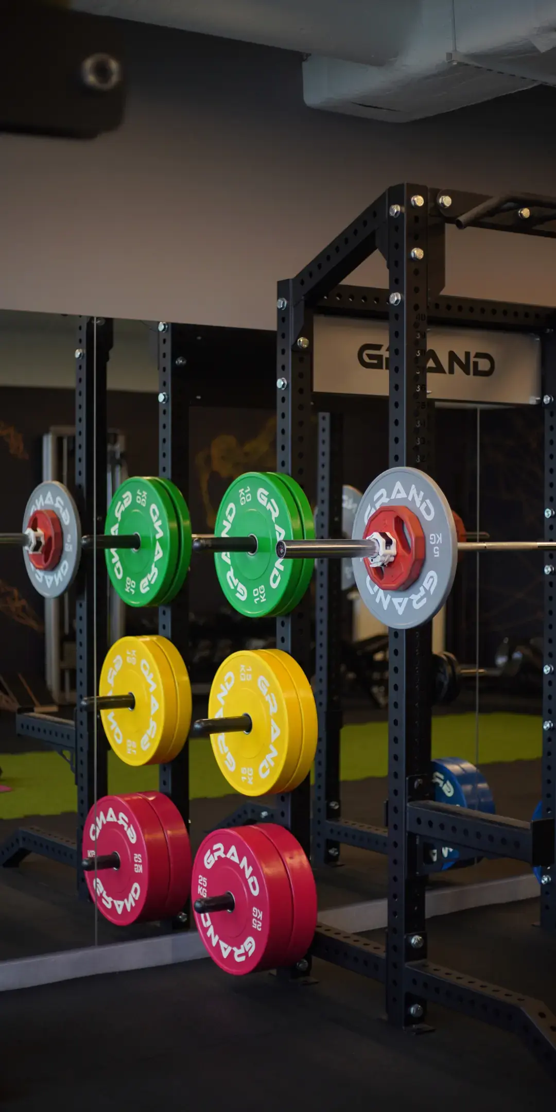 Strefa treningu dla sportowców w Teho Sport — stojak z olimpijskimi talerzami i sztangą